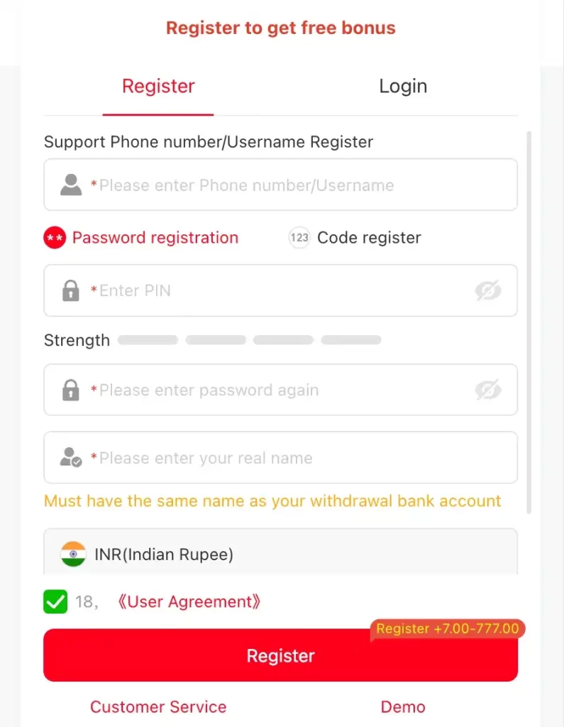 X777 registration page screenshot